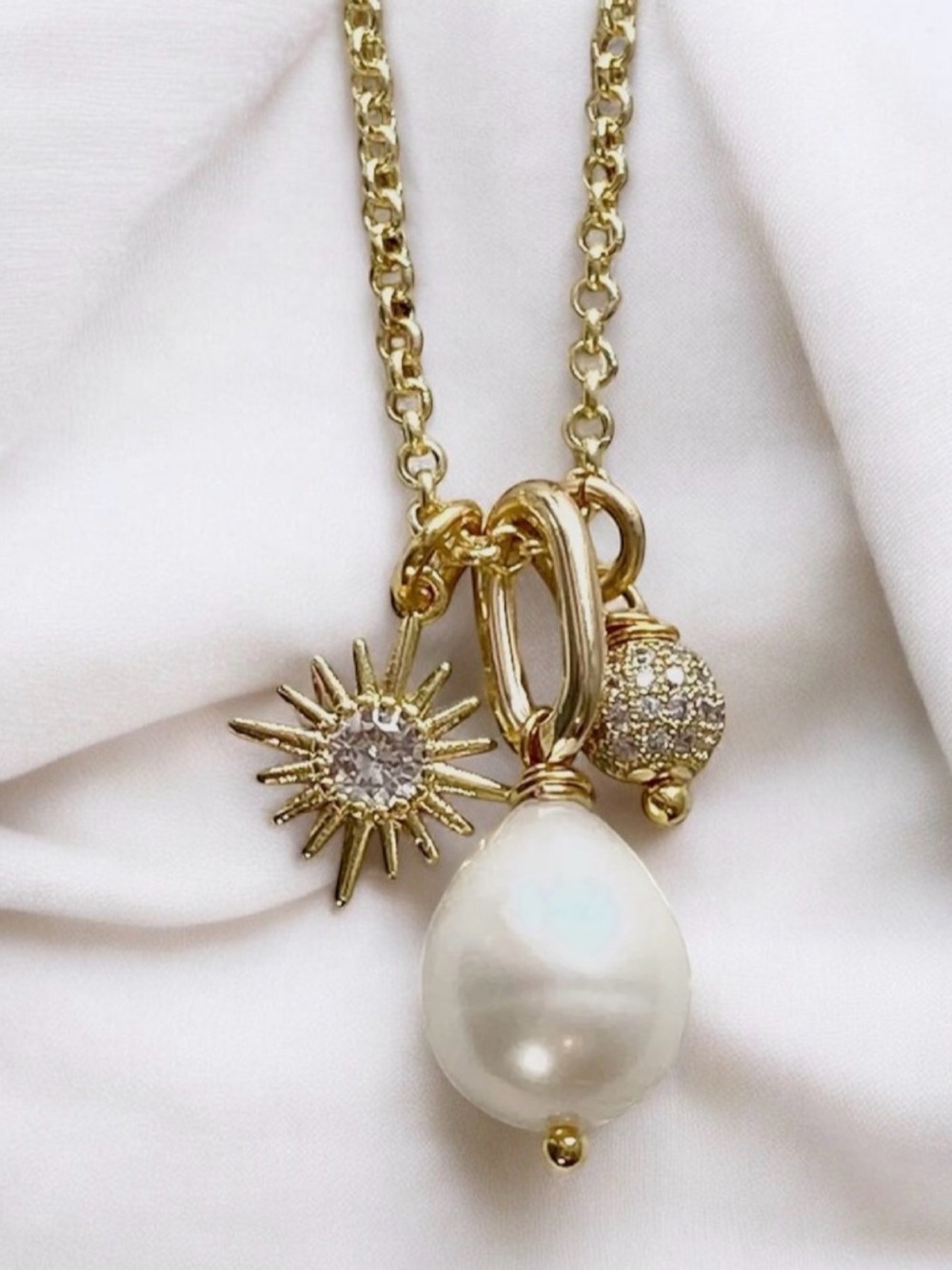Gold Filled Pearl Charm Necklace with Sunburst and Pave Ball